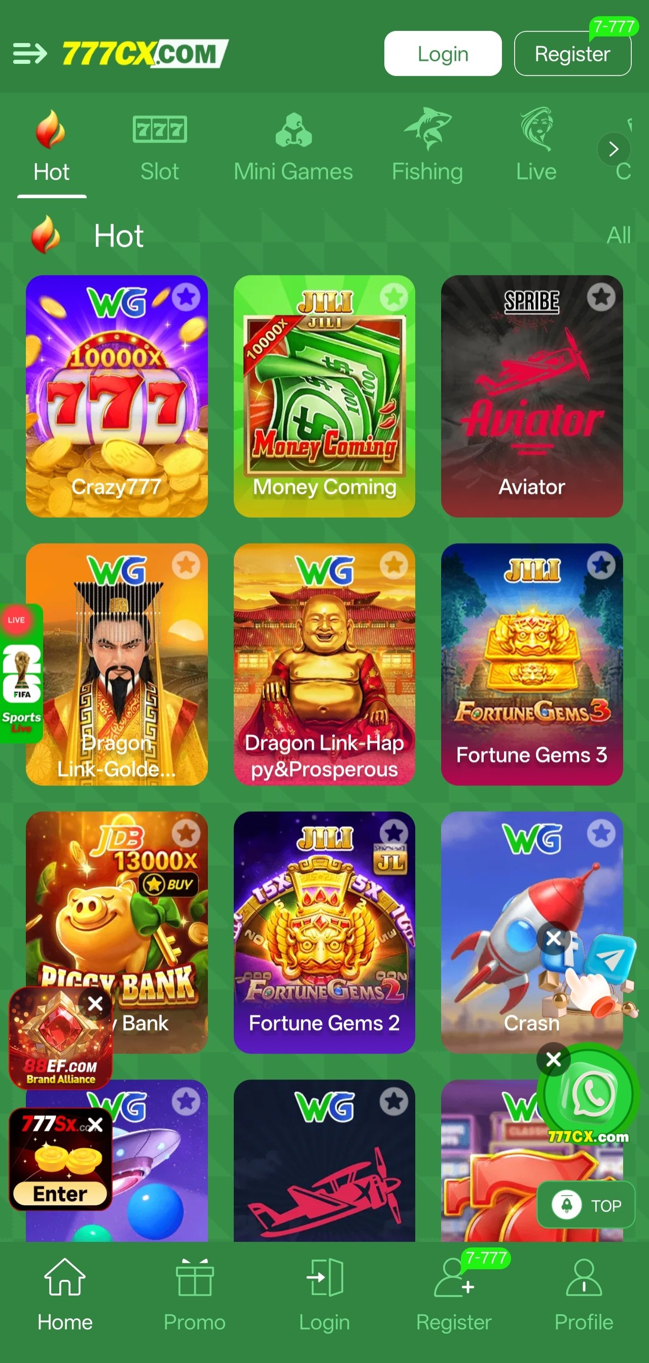 777cx app home screen showing hot slot games, promotions and the player lobby