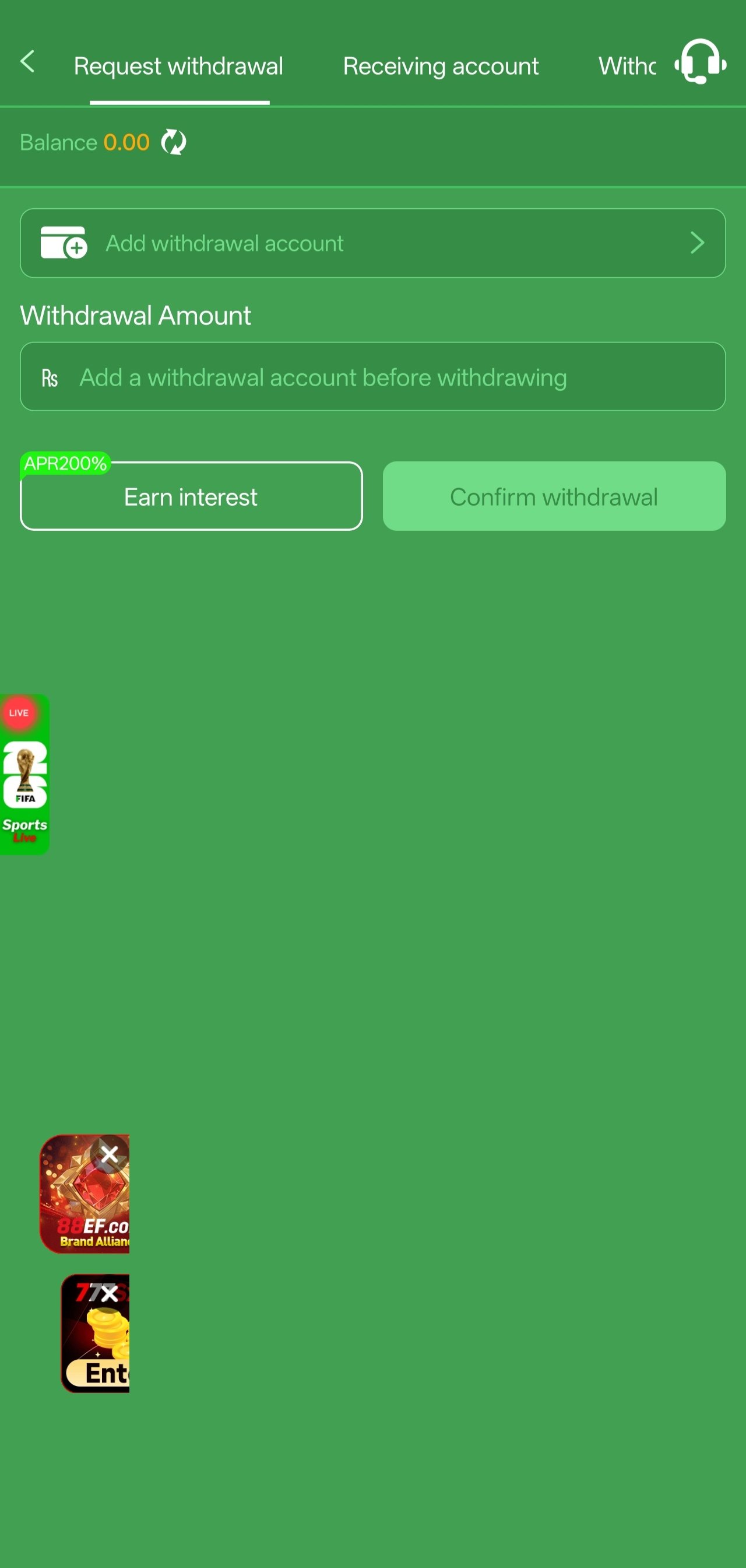 777cx app withdrawal request screen with receiving account and confirm withdrawal buttons